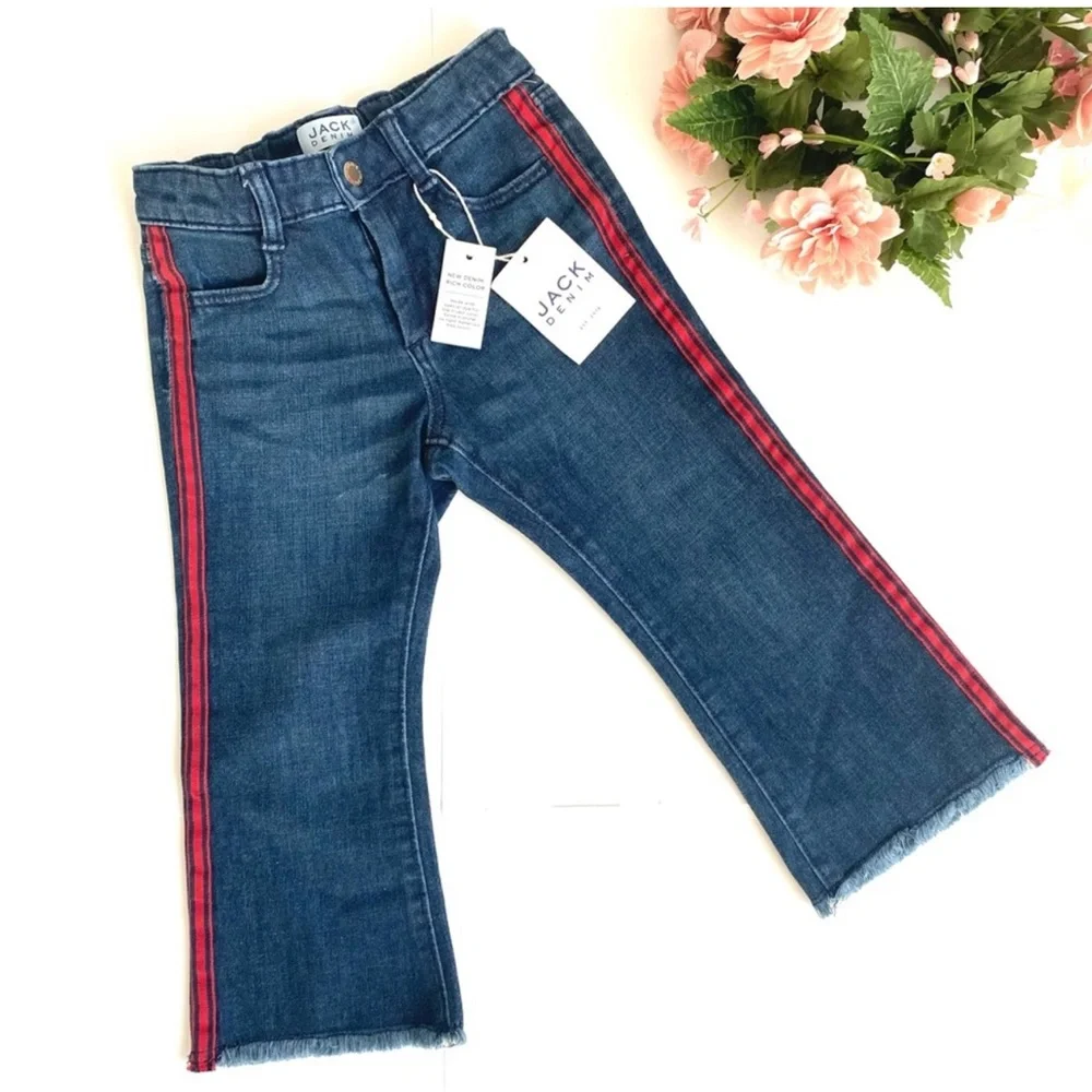 NWT Janie and Jack Blue Red Side Stripe Raw Hem Girl Jeans